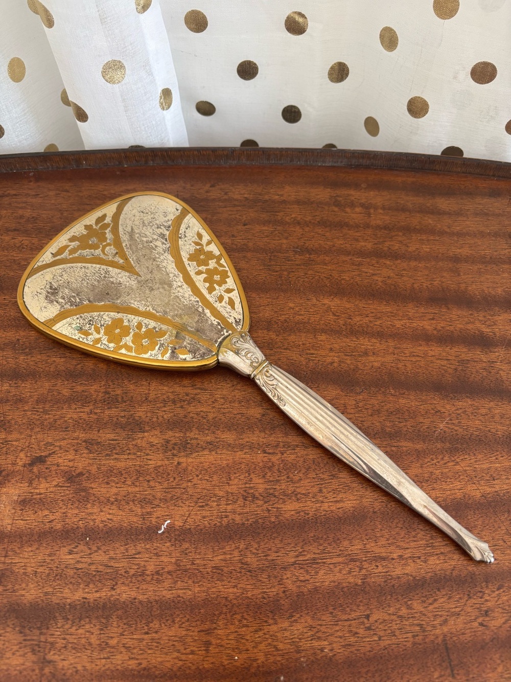 Vintage hand Held Vanity Mirror Victorian Hollywood Regency Floral Silver Gold